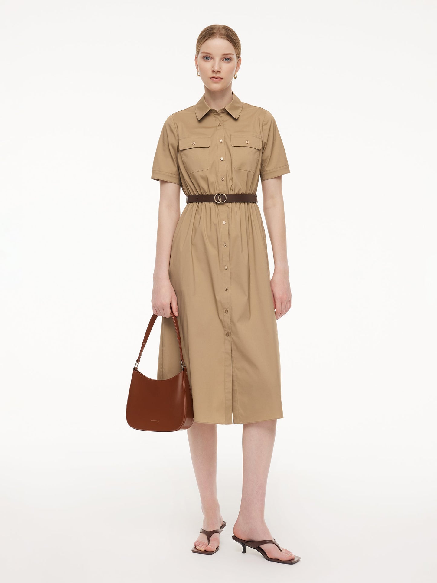 Cotton Blend Women Midi Shirt Dress With Leather Belt