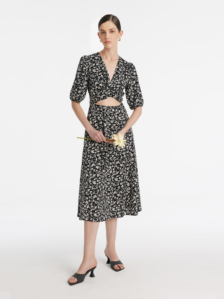 Iris Print V-Neck Tied Women Midi Dress
