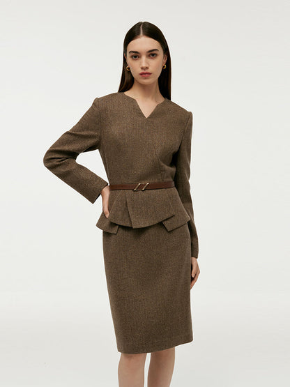 Washable Wool Faux-Layered Women Mini Dress With Belt