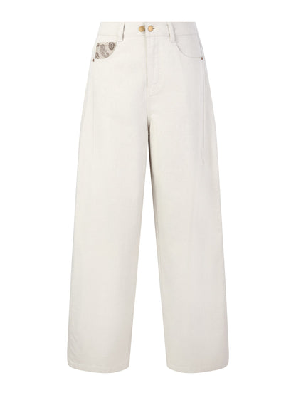 Cotton Denim Paisley-Detail Women Curved Leg Jeans