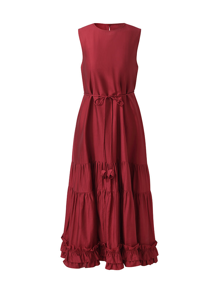 Tencel Ruffle Hem Women Tiered Vest Midi Dress With Slip Dress And Belt