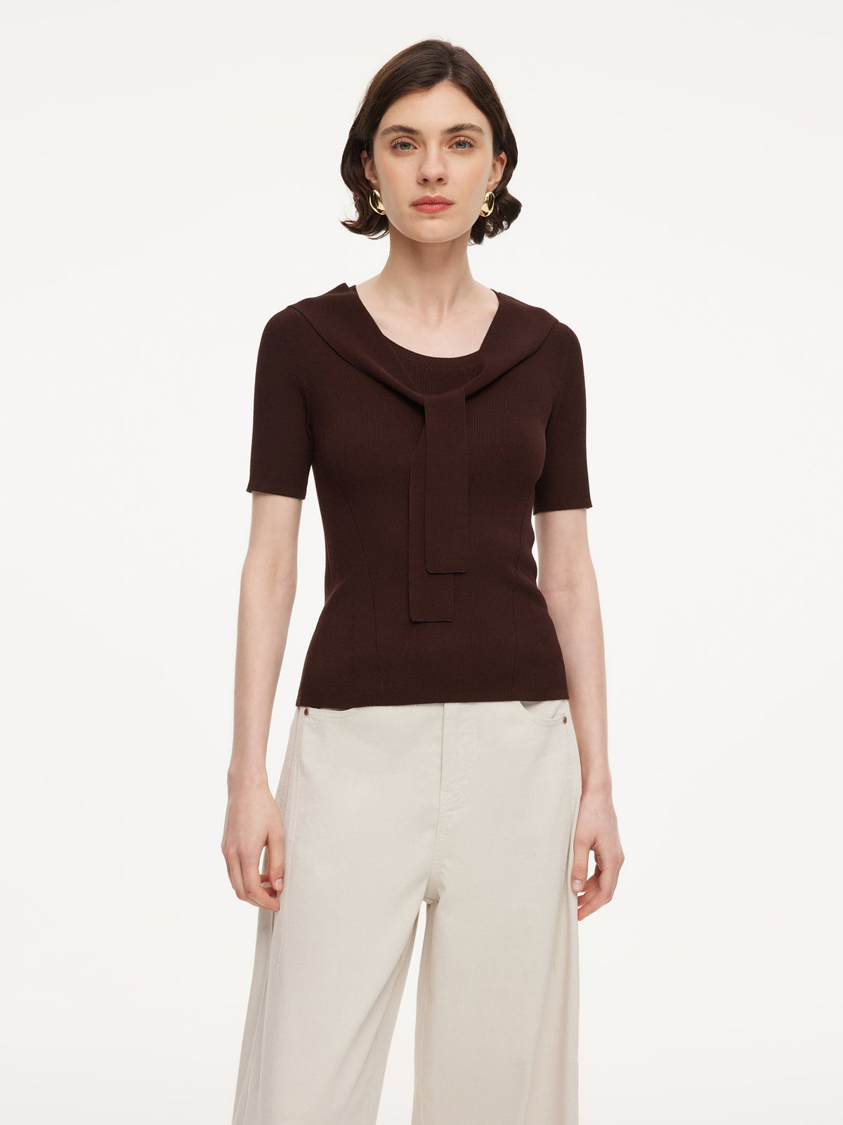 Lyocell Blend Round Neck Women Knit Top With Detachable Sailor Collar