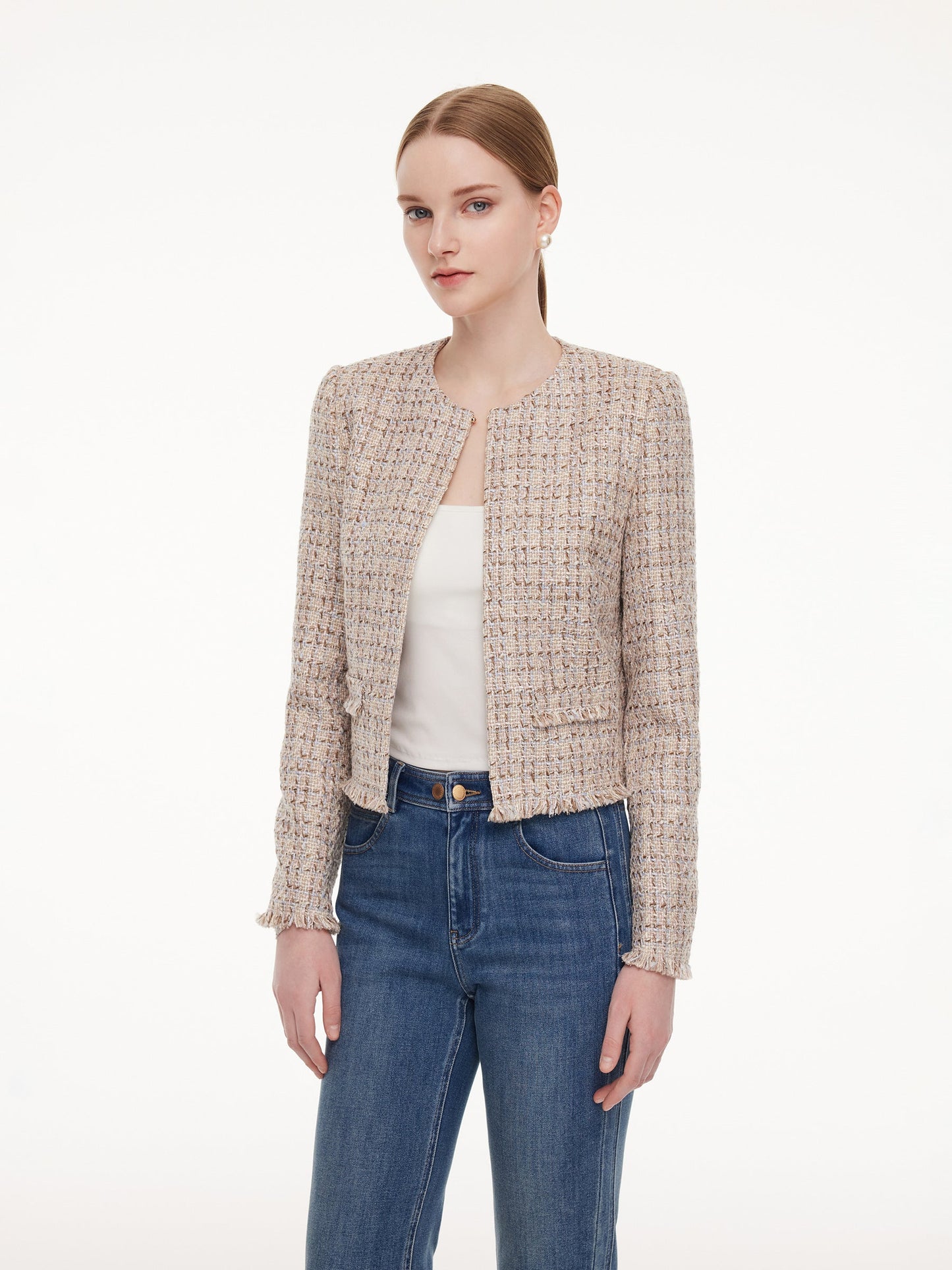 Wool Blend Textured Tweed Frayed Hem Women Jacket