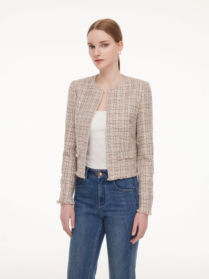 Wool Blend Textured Tweed Frayed Hem Women Jacket