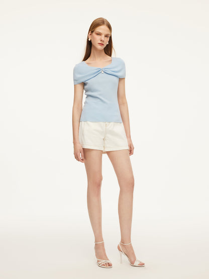 Lyocell Blend Off Shoulder Women Knit Top With Detachable Magnetic Flower
