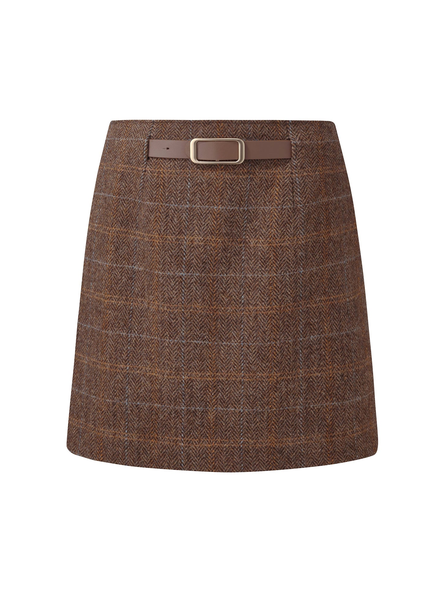 100% Wool Plaid Women Skirt With Leather Belt