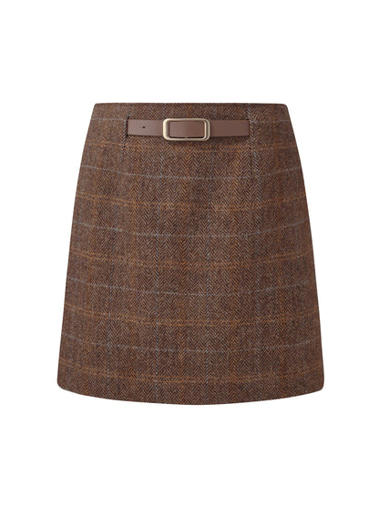 100% Wool Plaid Women Skirt With Leather Belt