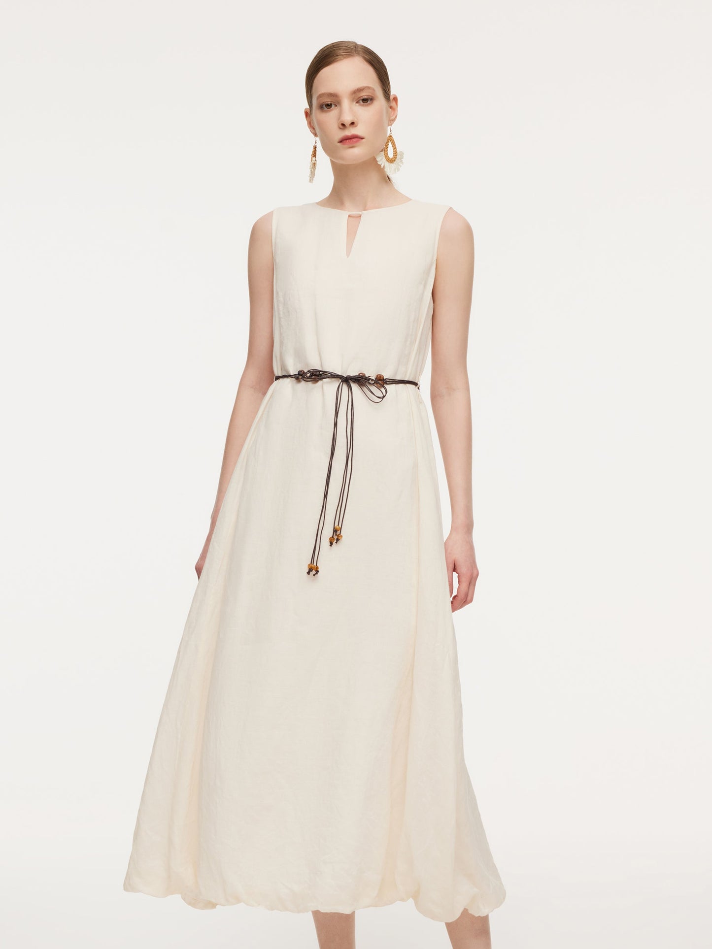 100% Ramie Bubble Hem Women Sleeveless Maxi Dress With Tie String Belt