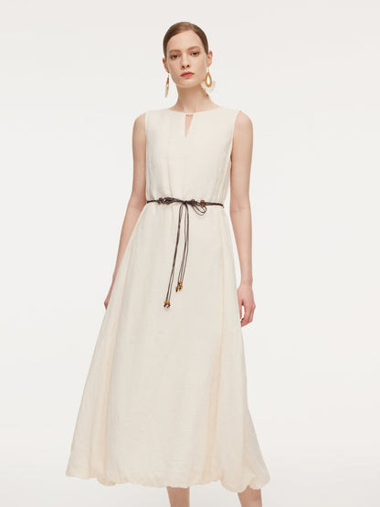 100% Ramie Bubble Hem Women Sleeveless Maxi Dress With Tie String Belt