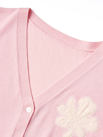 Tencel Blend Floral Embroidered Women Short Sleeve Cardigan