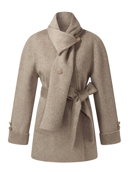 Alpaca Wool Blend Double-Faced Women Wrap Coat With Scarf
