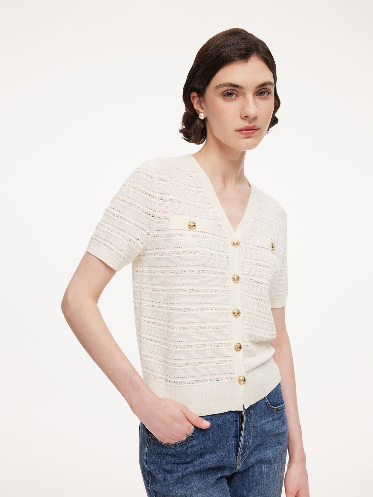 Tencel Blend Pointelle Women V-Neck Cardigan