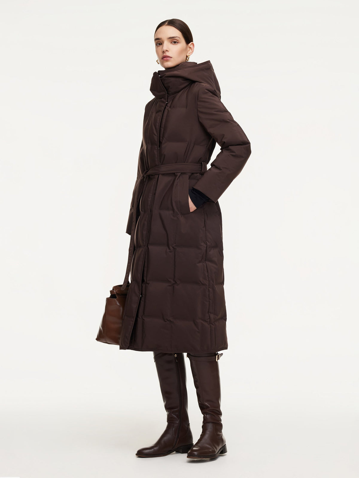 Quilted Hooded Goose Down Wrap Overcoat
