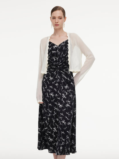 Ribbon Print Strap Dress And Cardigan Two-Piece Set