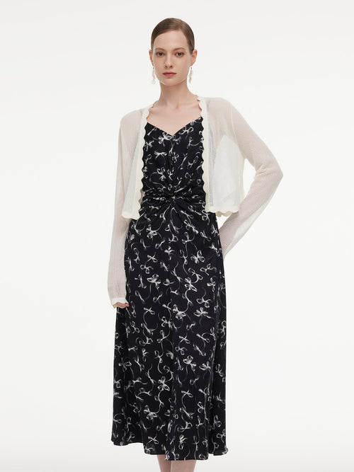 Ribbon Print Strap Dress And Cardigan Two-Piece Set