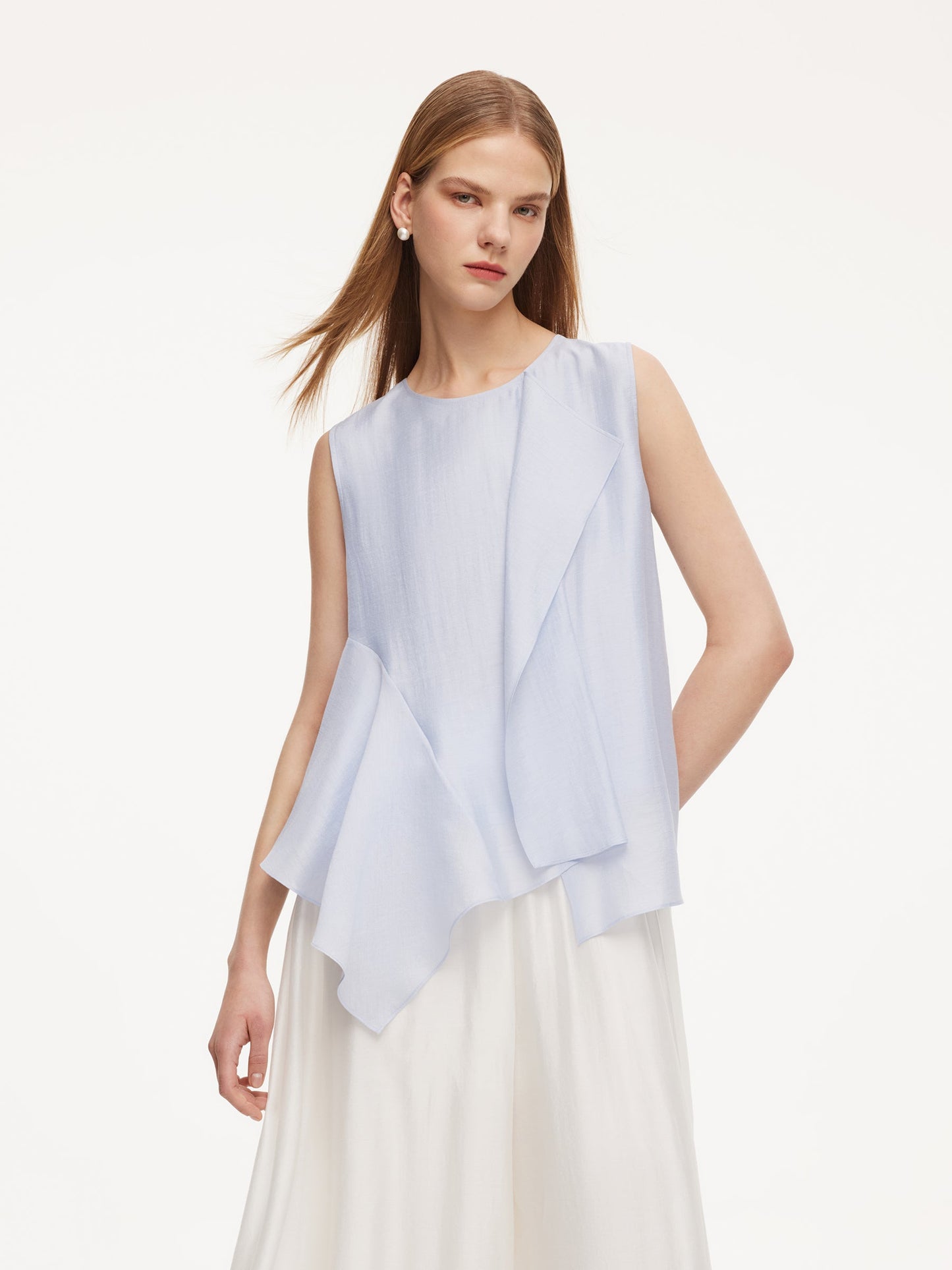 Lyocell Blend Light Blue Ruffle-Detailing Women Tank Top