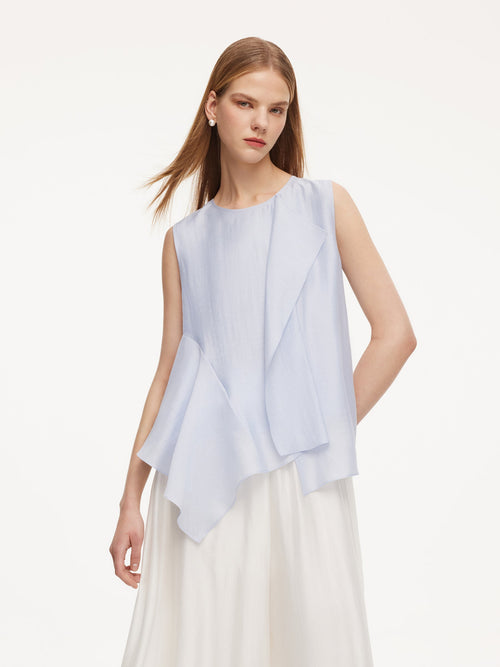 Lyocell Blend Light Blue Ruffle-Detailing Women Tank Top