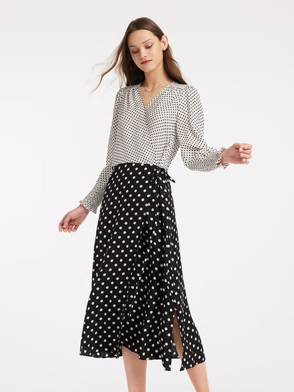 Polka Dots Slim V-Neck Wrap Maxi Dress