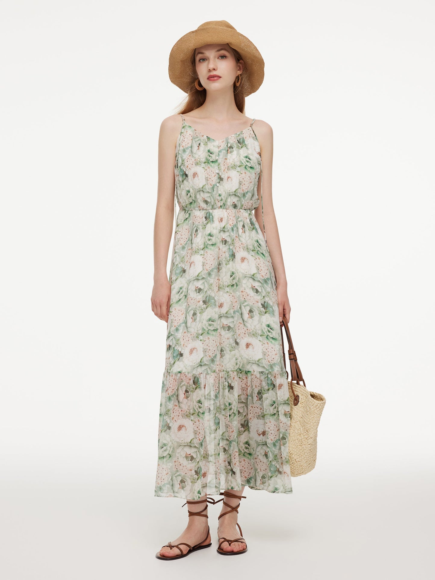 10MM Mulberry Silk Floral Print Women Strap Maxi Dress