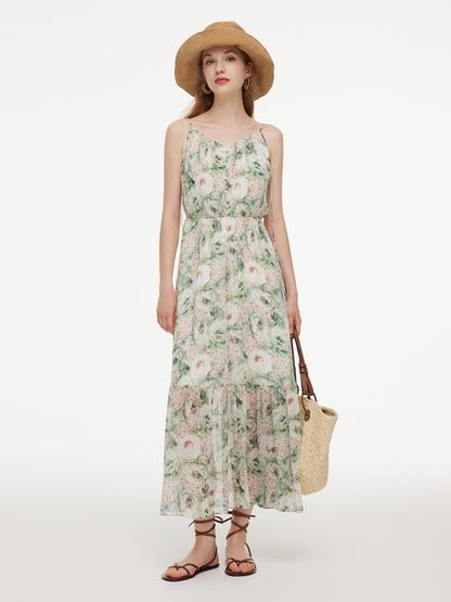 10MM Mulberry Silk Floral Print Women Strap Maxi Dress