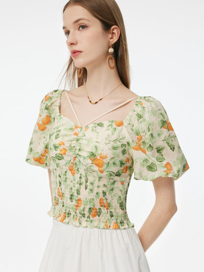 Cotton Floral Print Women Smocked Top
