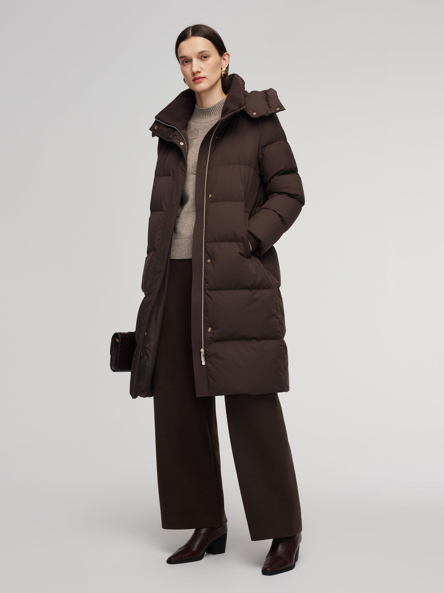 H-Line Knit Collar Long Goose Down Coat With Detachable Hood