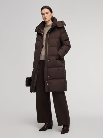 H-Line Knit Collar Long Goose Down Coat With Detachable Hood