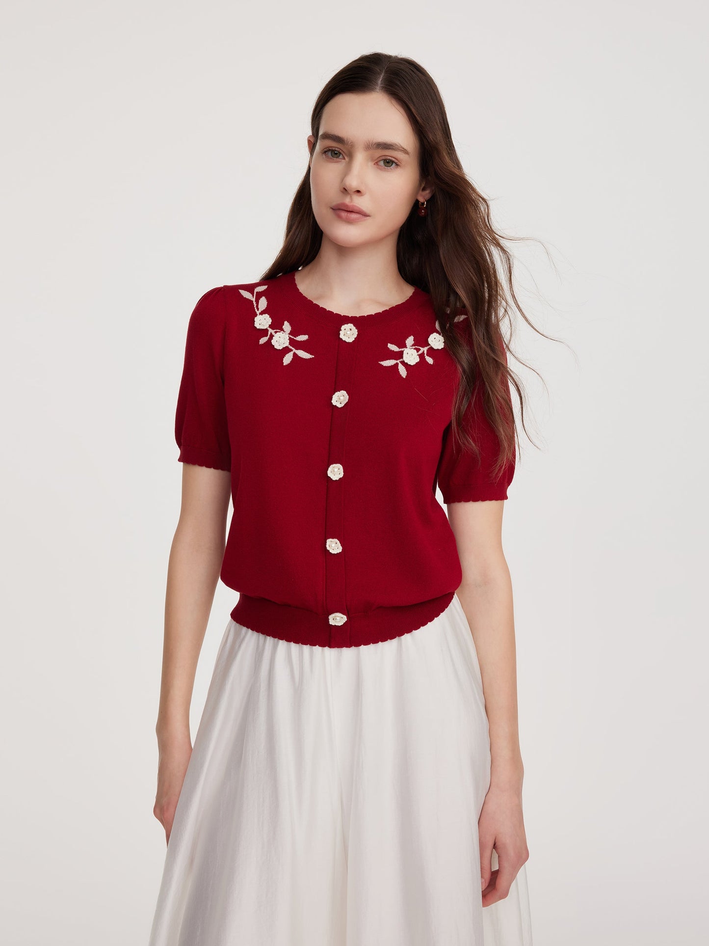 Lyocell Blend Jacquard Women Knit Top With Detachable Knit Flowers