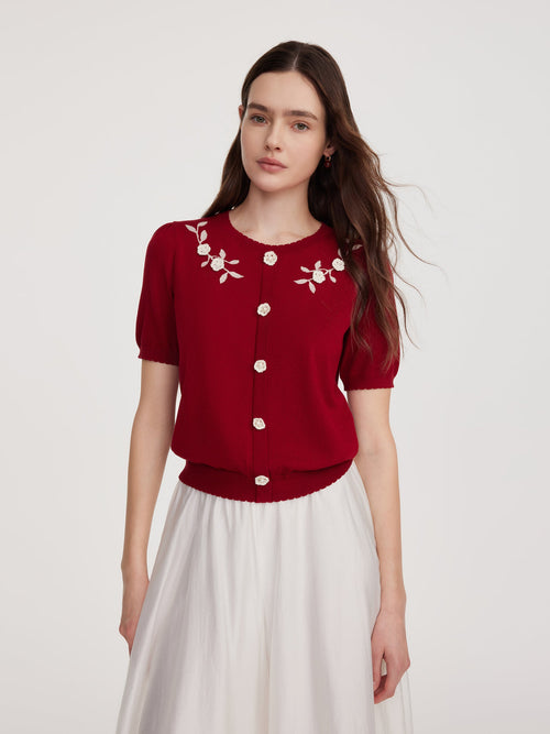 Lyocell Blend Jacquard Women Knit Top With Detachable Knit Flowers