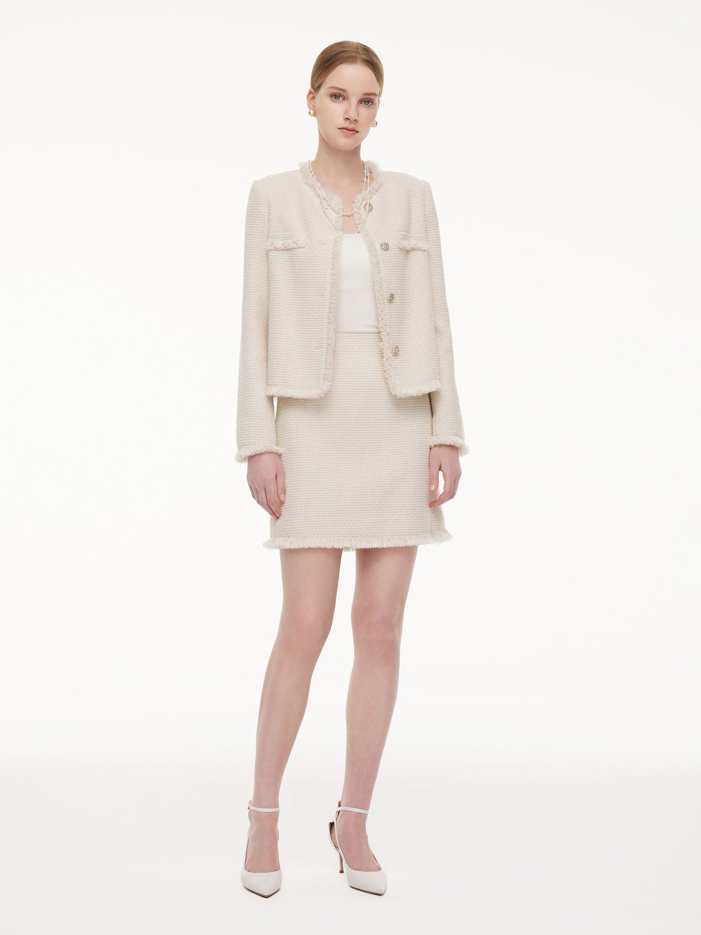 Wool Blend Tweed Fringe Hem Women Mini Skirt
