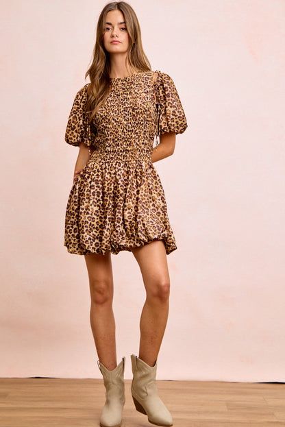 BiBi Leopard Bow Tie Attachable Puff Sleeves Dress