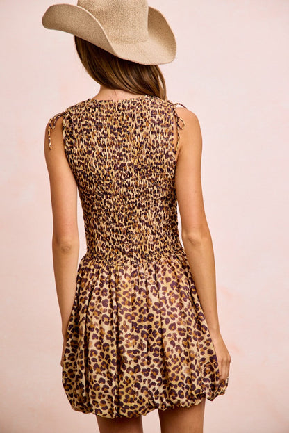 BiBi Leopard Bow Tie Attachable Puff Sleeves Dress