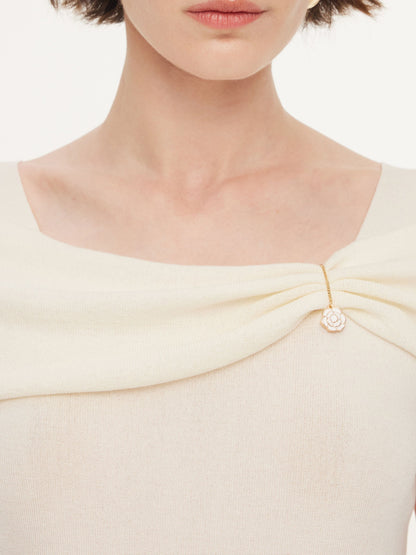 Lyocell Blend Off Shoulder Women Knit Top With Detachable Magnetic Flower