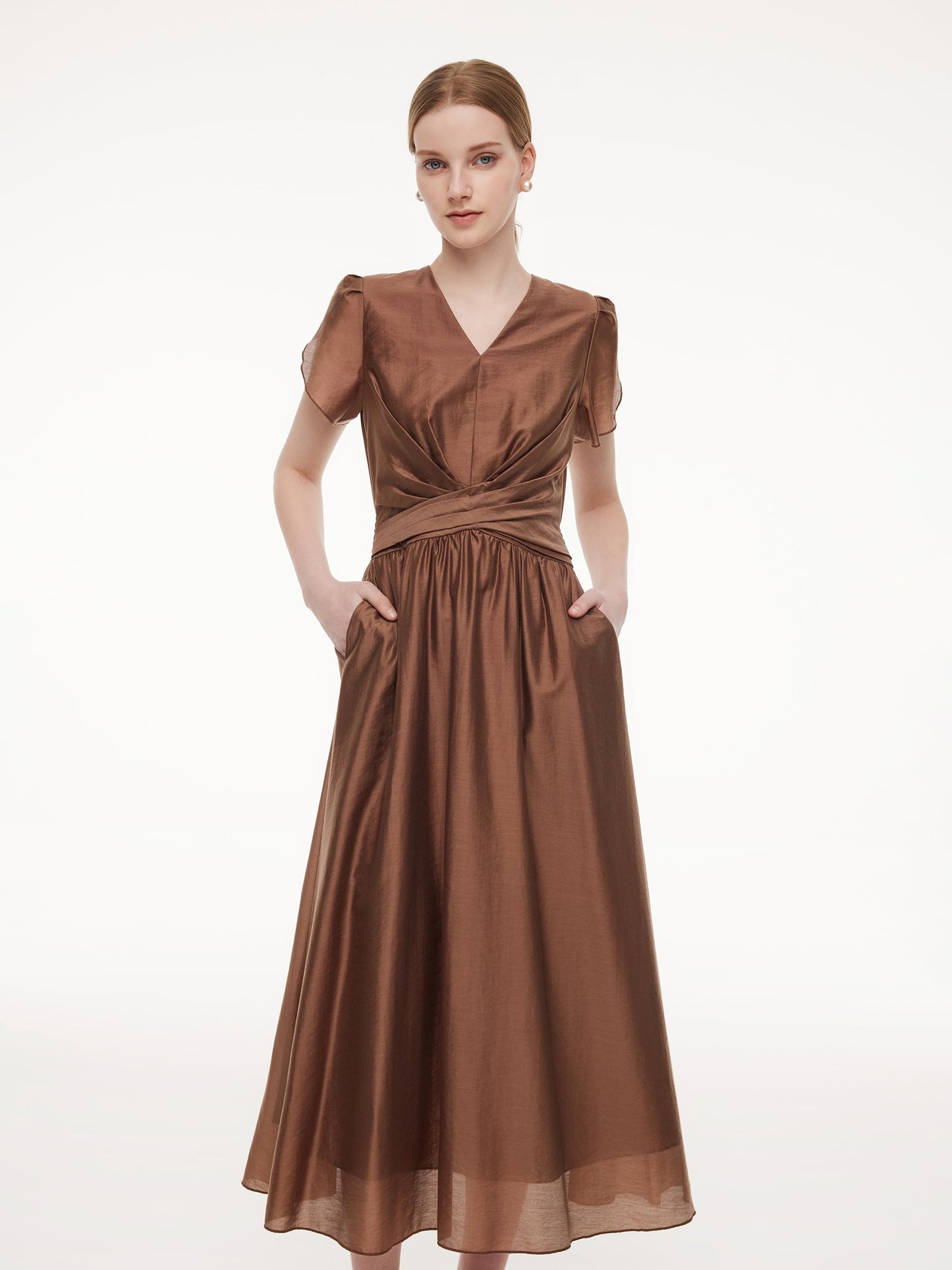 Tencel Blend Twist Front V-Neck Women Maxi Dress