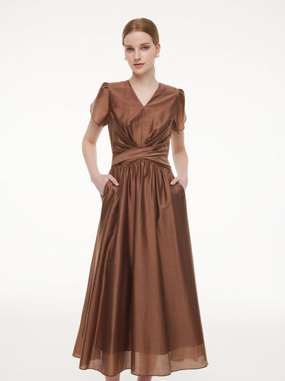 Tencel Blend Twist Front V-Neck Women Maxi Dress