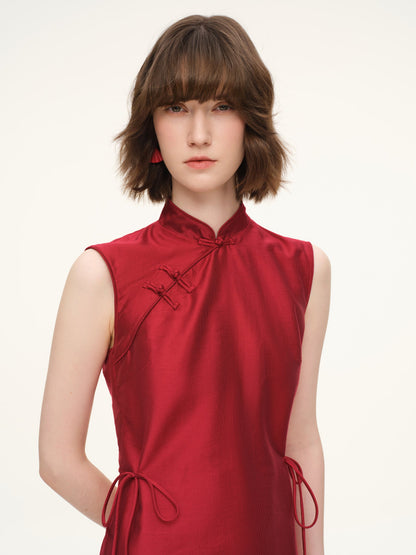 Tencel Blend Sleeveless Women Qipao Midi Dress