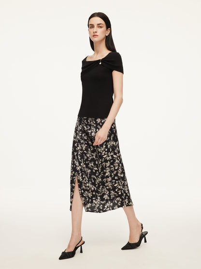 Lyocell Blend Off Shoulder Women Knit Top With Detachable Magnetic Flower