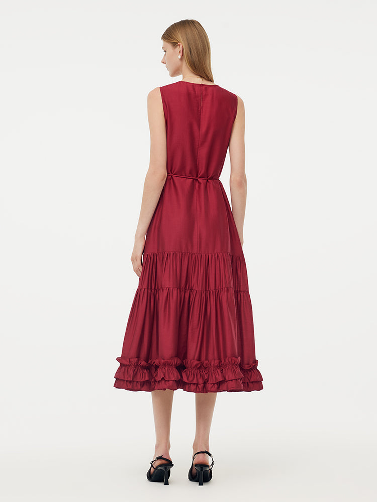 Tencel Ruffle Hem Women Tiered Vest Midi Dress With Slip Dress And Belt