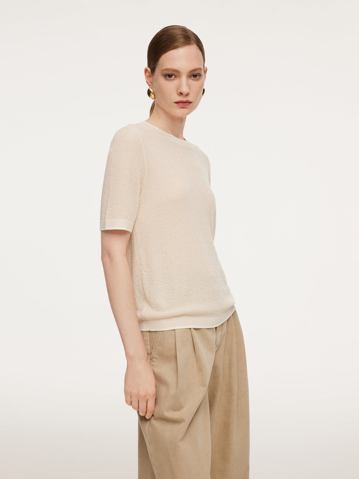 Triacetate Tencel Blend Contrast Trim Women Knit Top