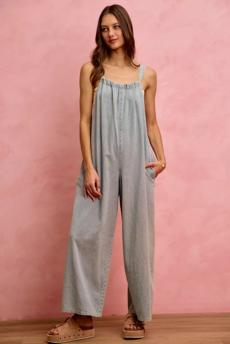 SO ME Wide Leg Lightweight Denim Overalls