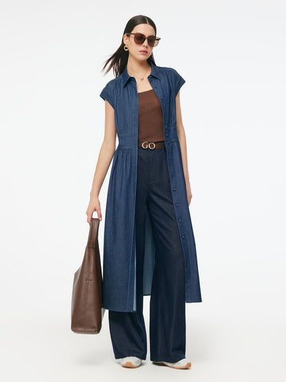 Denim Stretch Women Maxi Shirt Dress