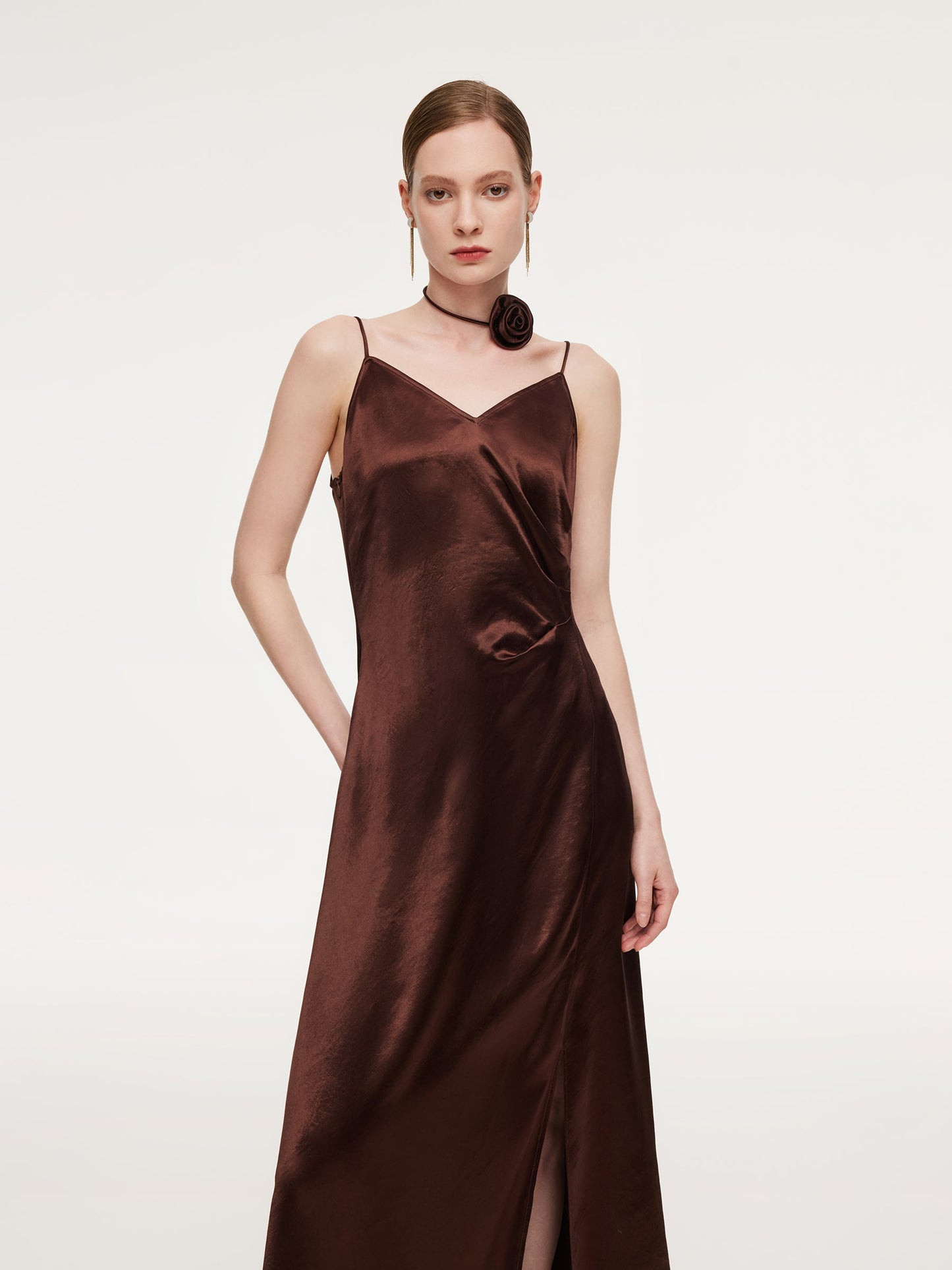 100% Acetate Women Strap Maxi Dress With Floral Choker And Eye Mask