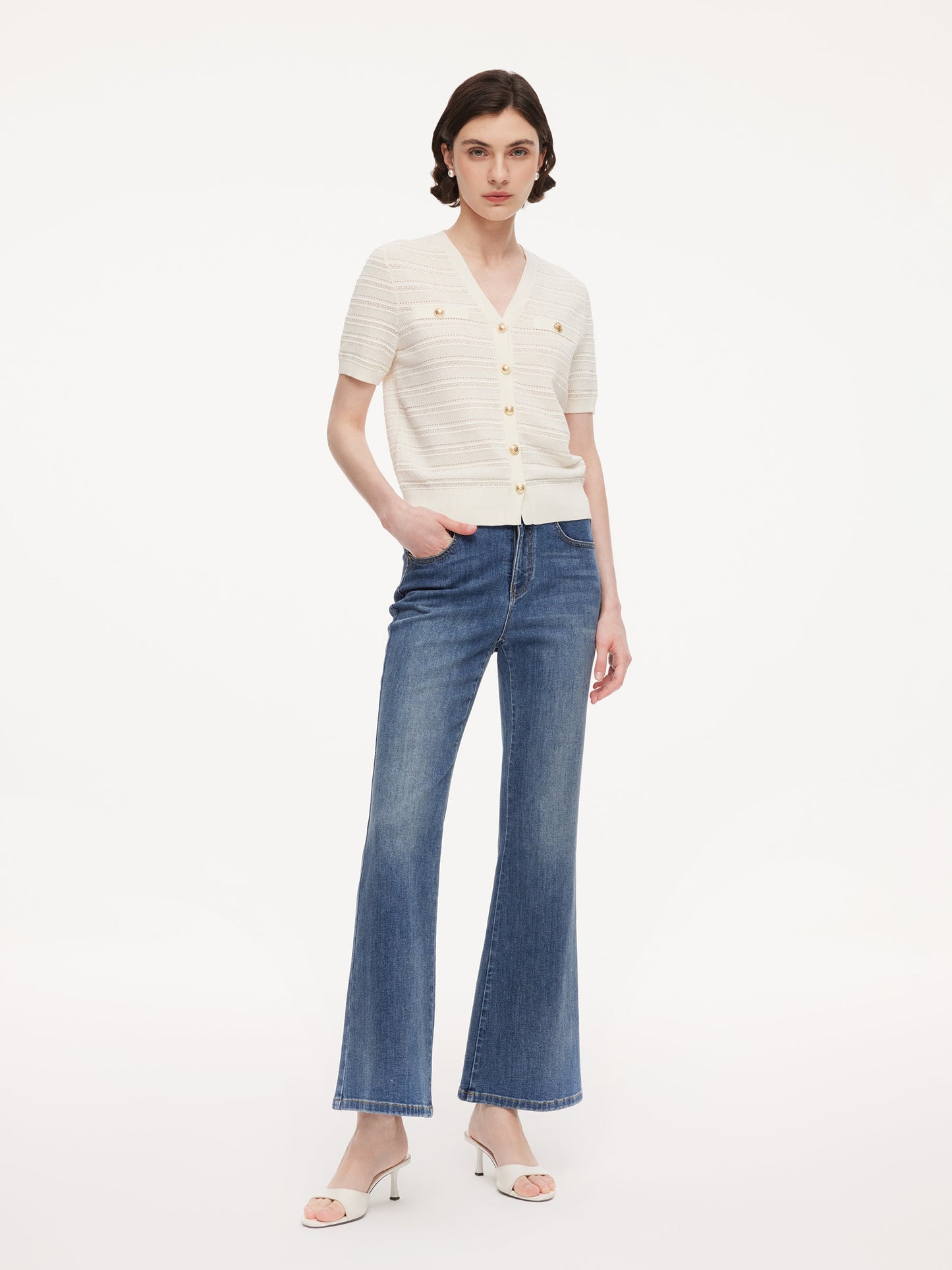 Tencel Blend Pointelle Women V-Neck Cardigan