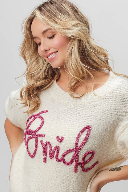 BiBi Metallic Letter Short Puff Sleeve Hairy Sweater