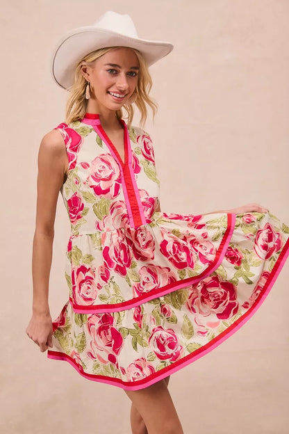 BiBi Floral Woven Contrast Edge Tiered Ruffle Mini Dress
