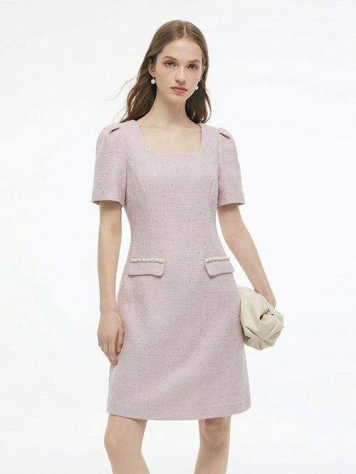 Tweed Square Neck Women Mini Dress
