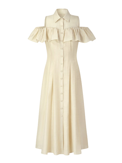 Tencel Acetate Linen Blend Cold Shoulder Women Maxi Dress