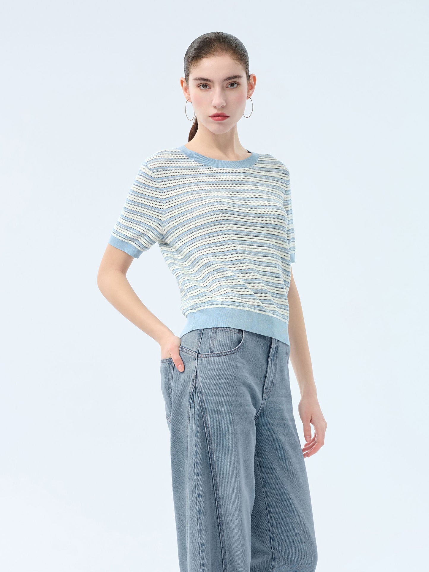 Lyocell Blend Blue And White Stripe Women Knit Top