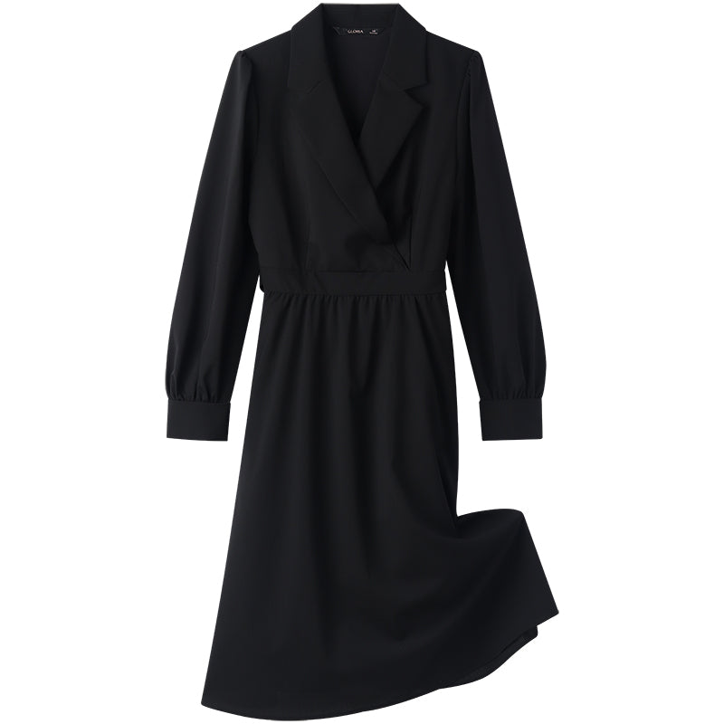 Worsted Wool V-Neck Lapel Midi Dress