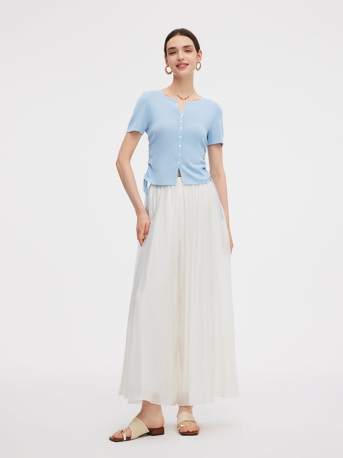 Acetate Tencel Blend Side Drawstring Women Knit Top